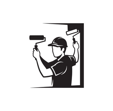 Painter wearing a hard hat with paint rollers ready to paint home improvement manual labor house painting construction