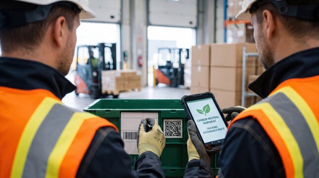 Warehouse workers scanning QR code on green crate for carbon neutral shipment tracking and sustainability