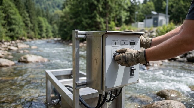 Operator adjusting control panel of a hydroelectric power station situated by a flowing river, managing water flow for sustainable electricity generation.