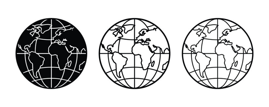Black and white globe earth icons in different line styles Vector