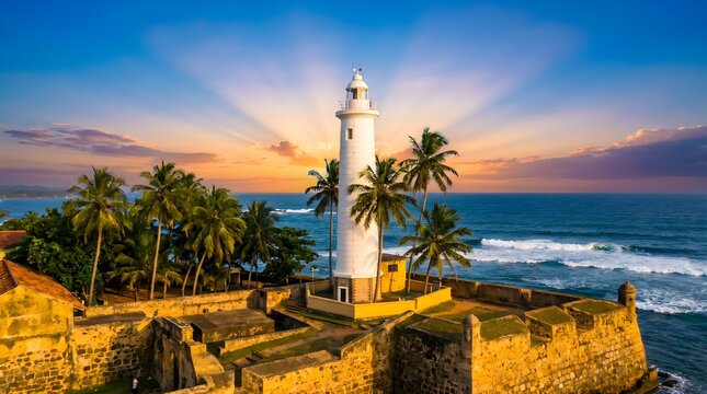 Historic White Lighthouse at Sunset on Tropical Coast of Sri Lanka