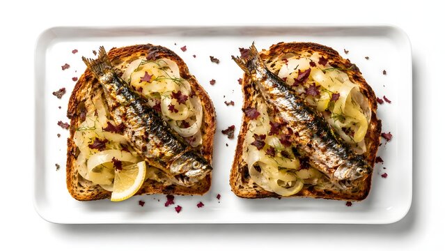 Luxury Tinned Fish Toasts &ndash; Sourdough with Sardine, Pickled Fennel & Dulse on White Tray