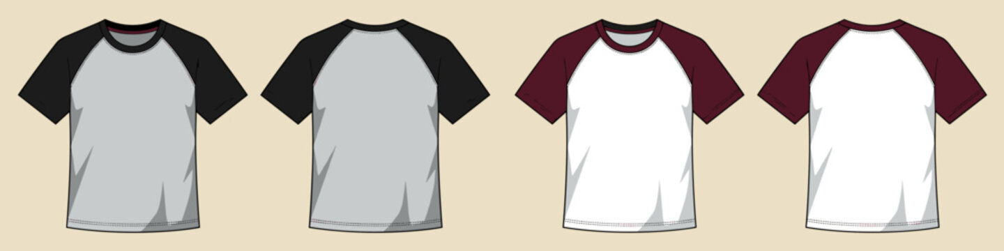 Set of four blank raglan T-shirts, black and maroon contrast sleeves front and back views for clothing design templates, vector illustration