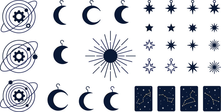 Celestial Astrology and Magic Esoteric Vector Element Set with Moon, Sunburst, Stars, Constellations Tarot Cards, and Cosmic Planetary Orbit Icons