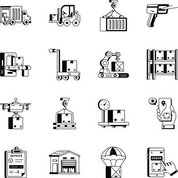 A collection of 16 logistics icons including trucks, forklifts, conveyors, scanners, and warehouse equipment in glyph icon style.
