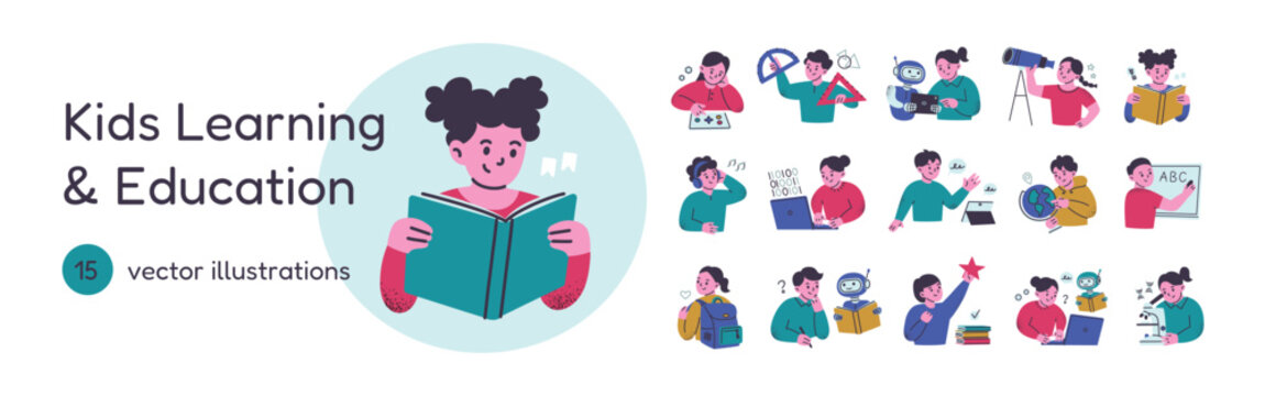Kids Learning and Education vector illustration set, flat cartoon children characters reading books, studying geometry, coding with AI robot, programming, learning geography. School subjects scenes