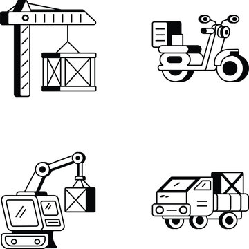 A set of 4 modern warehouse and delivery icons including cranes, scooters, and courier vans, glyph icon style.

