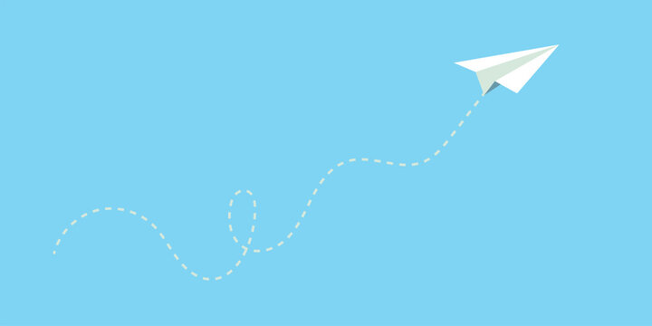 Minimal paper airplane vector illustration with curved flight path on blue background, perfect for travel, startup, communication, and creative modern design projects.