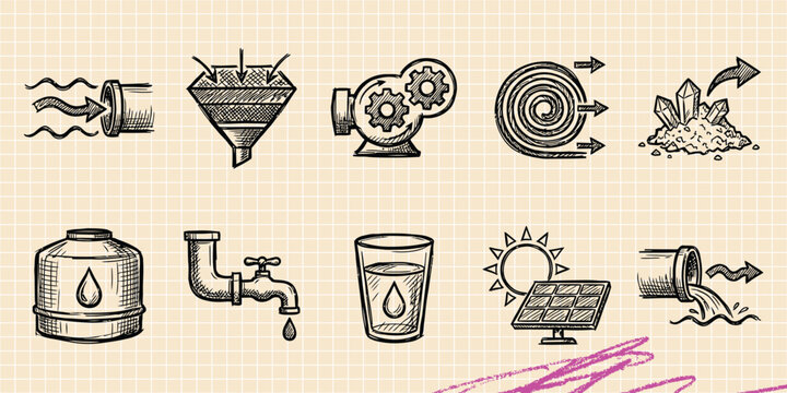 Black ink scribble doodle vector vintage hand drawn set of plumbing pipe tool water repair industry fix construction and maintenance
