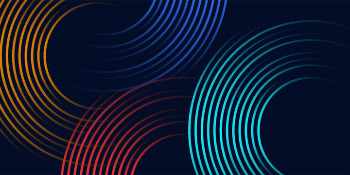 Minimalist futuristic background template with dynamic colorful gradient circles. Abstract geometric composition with spiral lines, green, red, and blue waves for presentation.