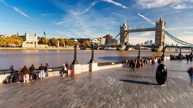 Tower Bridge in London, UK, United Kingdom. Time lapse. People walking.