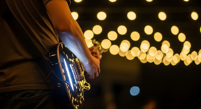 Electric guitar player performing live on stage with bokeh lights