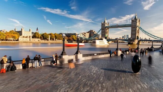 Tower Bridge in London, UK, United Kingdom. Time lapse. People walking.