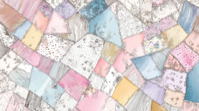 56.Delicate pastel quilt drawing with hand crafted patchwork forms, gentle color transitions, sketchy details, cozy and artistic seamless pattern