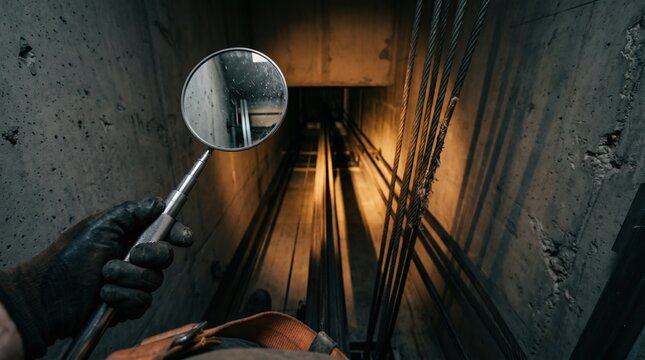 Deep elevator shaft with inspection mirror held by gloved worker for technician training, elevator maintenance services and industrial safety compliance campaigns