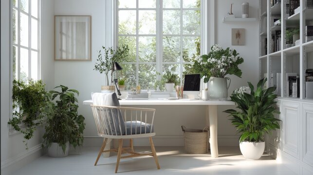 68.Clean modern workplace at home with potted plants, organized desk layout, natural textures, light filled room, elegant and relaxing interior design