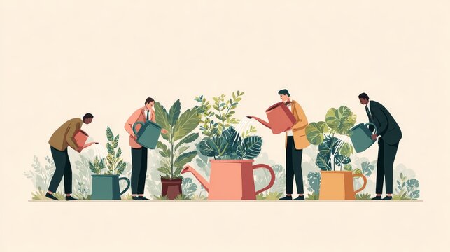 40.Conceptual illustration of professional team members watering plants growing from themselves, symbolizing self improvement, skill development, knowledge growth, modern business concept art