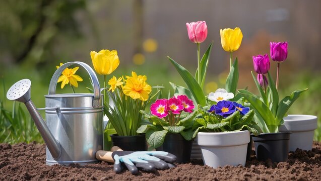 Colorful spring flowers including tulips and primroses arranged in pots beside a watering can and gardening gloves on freshly tilled soil in a garden setting