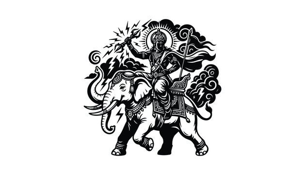 black and white silhouette of Lord Indra very high quality vector illustration.