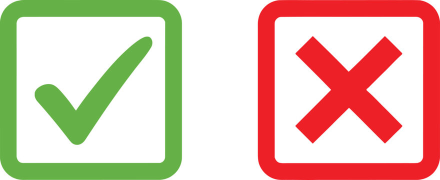 Green check mark and red cross mark symbols in square boxes Vector