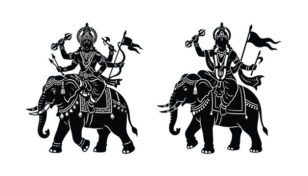 black and white silhouette of Lord Indra very high quality vector illustration.
