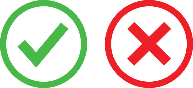 Green check mark and red cross sign icons for true and false choice Vector