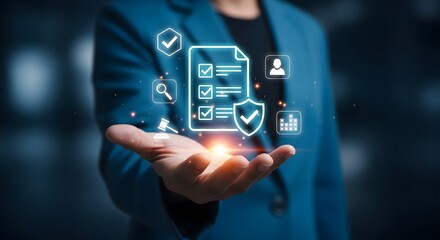 Naklejka premium Person holding a glowing document with checkmarks and a shield symbol on an open palm, representing compliance, regulations, legal documents, assurance, data