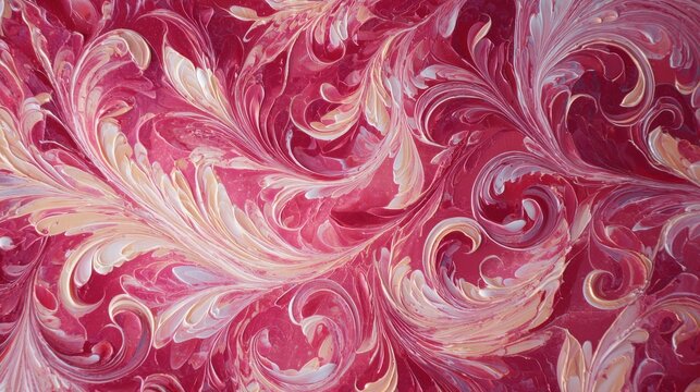 10.Abstract floral pattern created with pink and white acrylic paint, intricate swirling motifs, layered brush strokes, rich texture, fluid movement, elegant and artistic visual composition