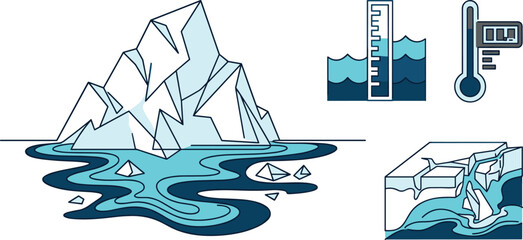 Global Warming and Climate Change Vector Icon Set with Melting Iceberg, Sea Level Rise Gauge, Thermometer, and Cracking Glacier Shelf Elements © MD
