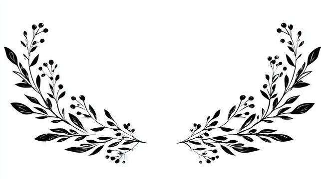 57.Concept = Black elegant floral corners from two branches with leaves and berries. Logo element for laurel wreaths. Hand drawn wedding grass line with leaves for invitation, save date card