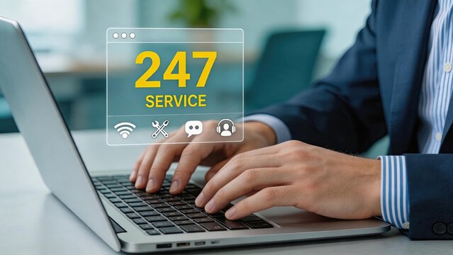 Customer support agent typing on laptop, twenty four seven service, help desk, technical assistance, online chat, call center, business professional, responsive care, virtual