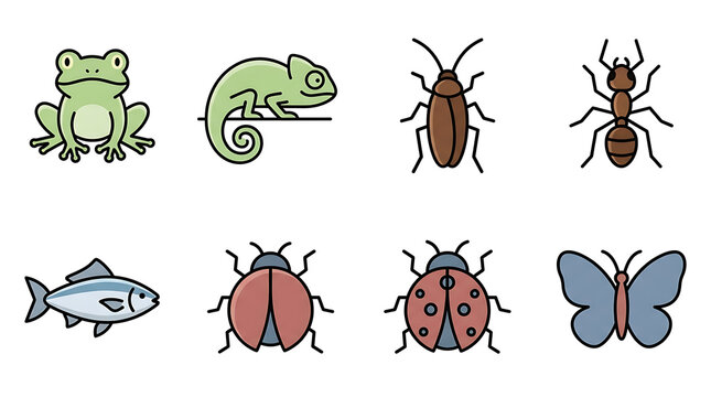 Collection of various colorful animal and insect icons illustrated in flat style design.