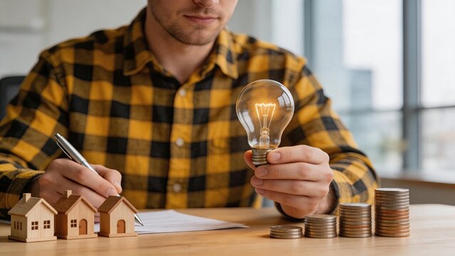 Man holding lightbulb with coins and houses, symbolizing energy saving, financial planning, investment in real estate, cost reduction, smart home efficiency, budget management,