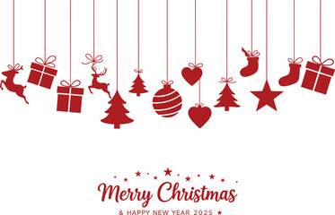Merry Christmas greeting card, Happy New Year 2025 design, red hanging ornaments, festive holiday decoration, reindeer gifts Christmas tree © Yasmin Creative 