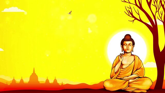 Buddha statue meditating under a bodhi tree with ancient temples on a yellow background.