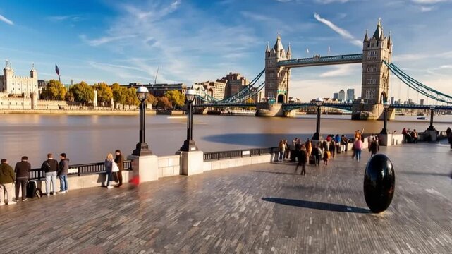 Tower Bridge in London, UK, United Kingdom. Time lapse. People walking.