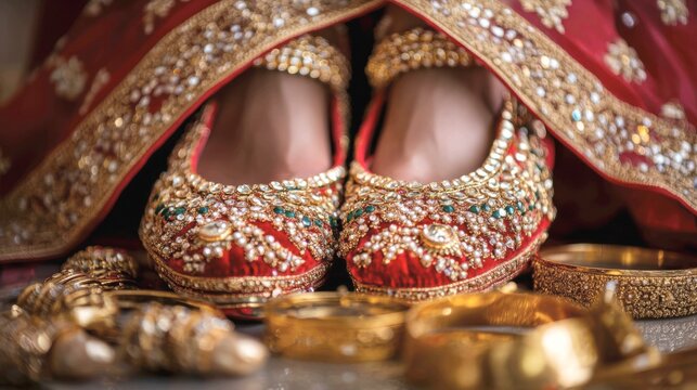 A pair of traditional Indian bridal juttis (flat, closed shoes) are beautifully embellished