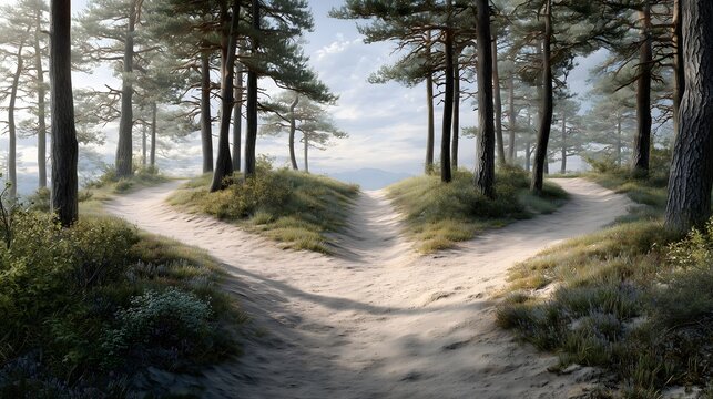 Conceptual background: Unpaved road splitting in two passing through trees on a hill