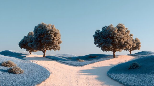 Conceptual background: White sand road splitting in two between blue grass fields and a pair of trees