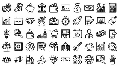 A clean minimalist black line art vector illustration set featuring various exotic and tropical birds in dynamic flying poses on pure white background. The collection includes toucan with large beak,  © MDSUJON