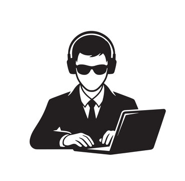 Professional man in sunglasses and headphones working on laptop computer silhouette icon with secret agent headphones sunglasses