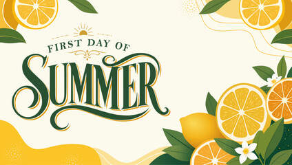 First Day of Summer Banner with Lemon Citrus Illustration and Elegant Typography Design © Ocha Designs