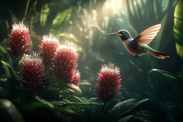 Fototapeta premium Selective focus hummingbird hovering near cluster of colorful flowers in tropical rainforest