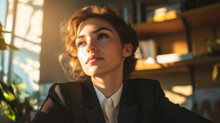 Fototapeta premium Golden Hour Reflection: A Young Woman Contemplates