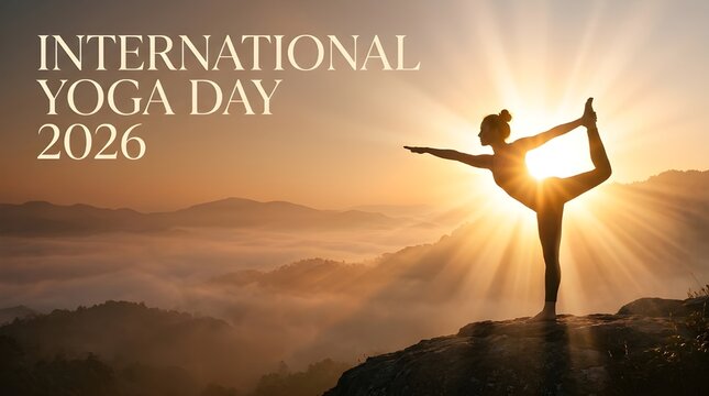 International Yoga Day 2026 Woman in standing back bend silhouette mountain sunrise
