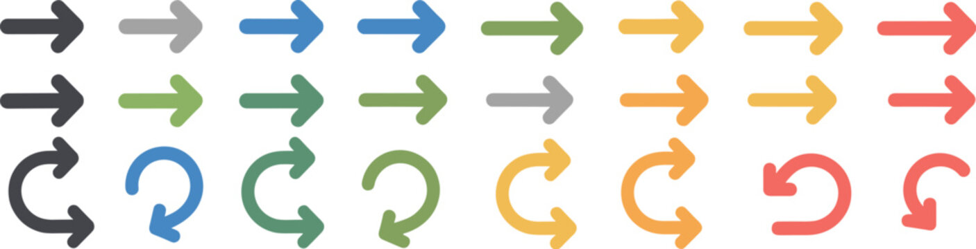 Collection of colorful flat design arrow icons pointing right and curved arrows showing direction