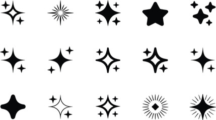 Sparkle icons vector set, glowing twinkle stars, shiny starburst elements, glitter highlights, magic sparkle clipart, cosmic decoration shapes, light effect design © Yasmin Creative 