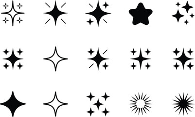 Sparkle star icons, twinkle light elements, shiny decoration symbols, glowing starburst design, magic effect clipart, glitter highlight shapes, cosmic vector set © Yasmin Creative 