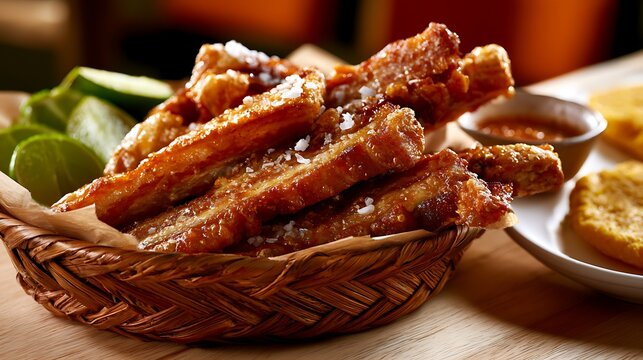 Colombian chicharr&oacute;n in artisan wicker basket lined with kraft paper, positioned center-left on a light wood table