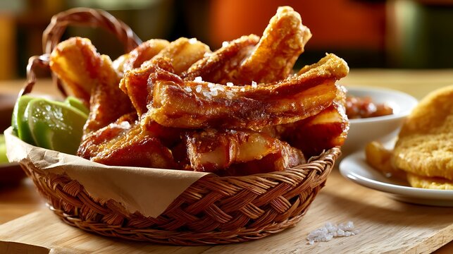 Colombian chicharr&oacute;n in artisan wicker basket lined with kraft paper, positioned center-left on a light wood table